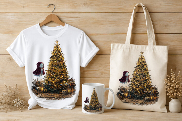 Highland Cow in Christmas Forest Watercolor Art PNG example image 1