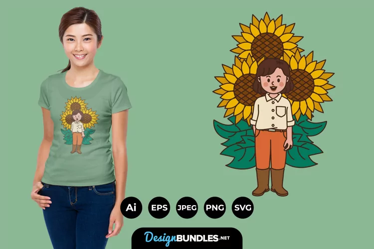 Big Sunflowers and a Girl for T-Shirt Design