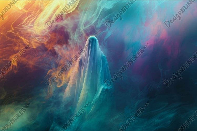 Ethereal figure in colorful mist example image 1