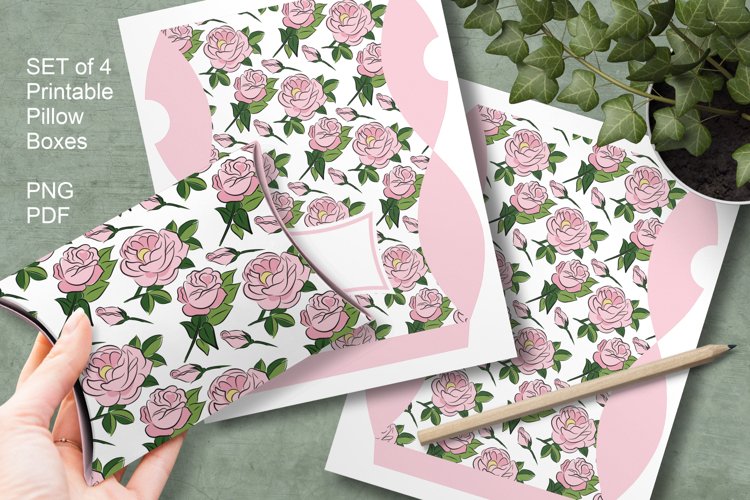 Light Pink Roses Printable Pillow Boxes for Favors Set of 4