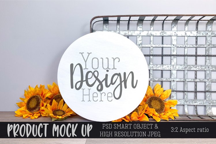 Wood round sign Sunflowers MOCK UP | PSD & JPG example image 1