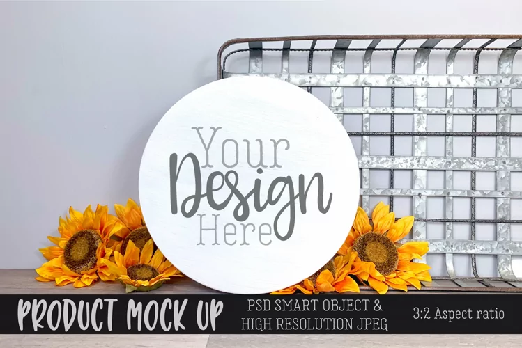 Wood round sign Sunflowers MOCK UP | PSD & JPG
