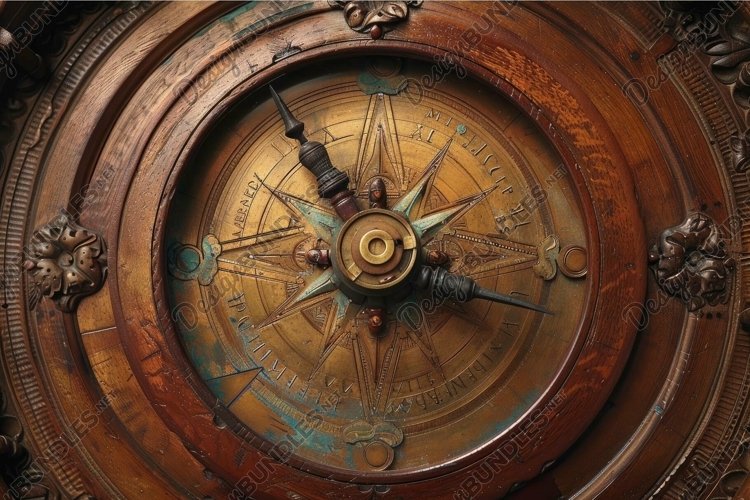 Antique brass astrolabe showing constellations on wooden bac