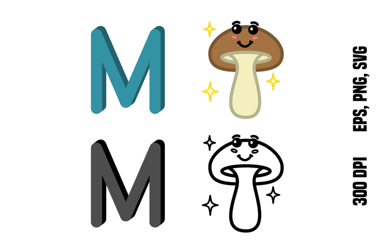 Letter M and Mushroom. Color and Line Vector