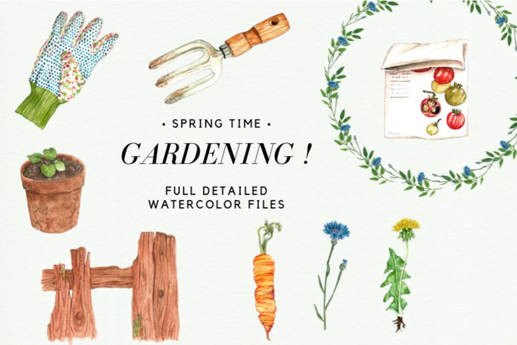 Watercolor Gardening Clipart Set, Spring Wreath, Gardening example image 1