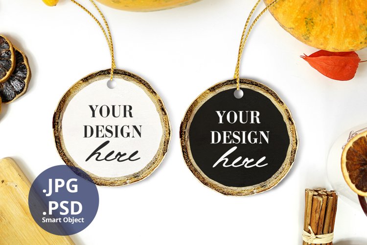 2 Wood Ornaments Mockup PSD, Two Wood Ornaments Mockup