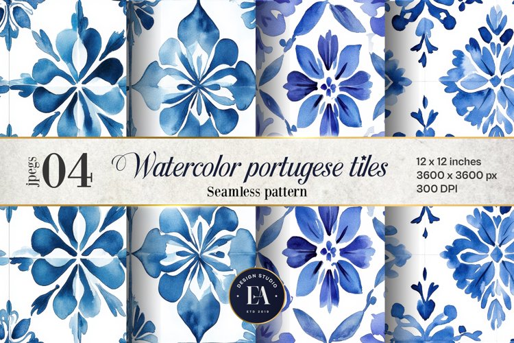 Portuguese Watercolor Tile Pattern, Blue and white tiles example image 1