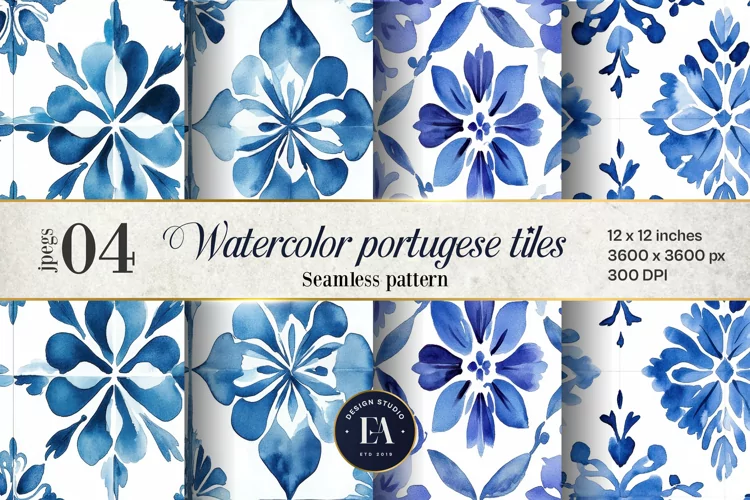 Portuguese Watercolor Tile Pattern, Blue and white tiles