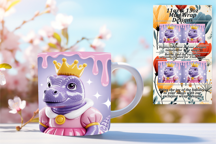 Floral 11oz Mug Wrap Png Template , Cute Dino