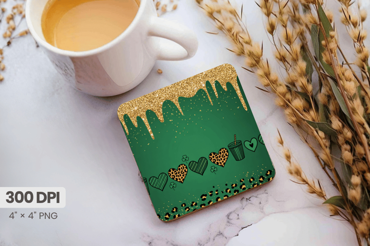 Green and Gold Drip Glitter Square Coaster PNG Sublimation D