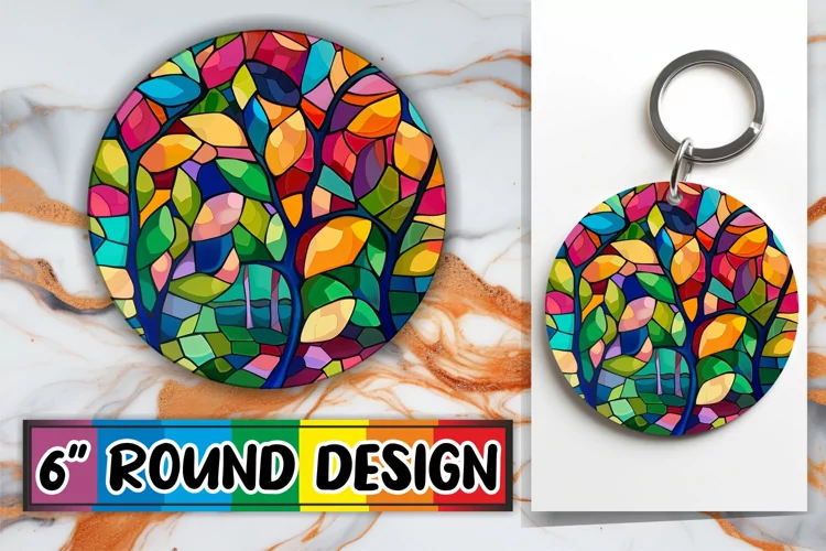 Colorful Tree Stained Glass Keychain Round Design Sublimatio
