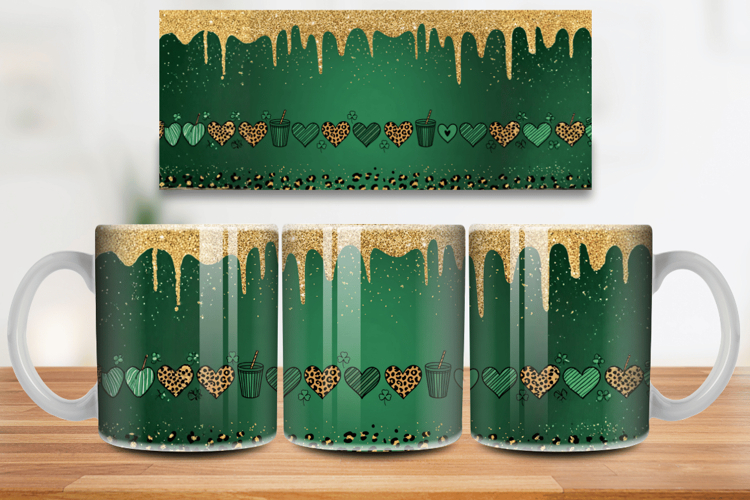 Green and Gold Drip Glitter Mug Wrap PNG Sublimation Design