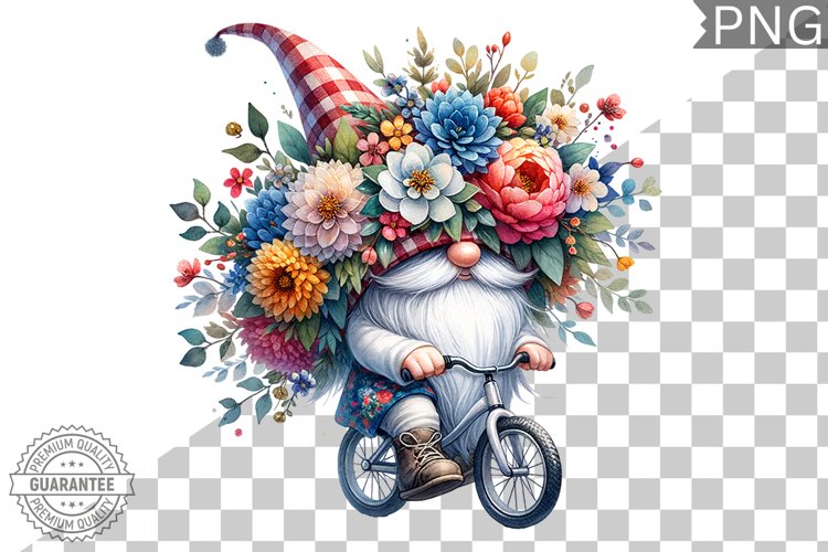 Floral Crown Gnome Rides A Bike Sublimation Clipart Design