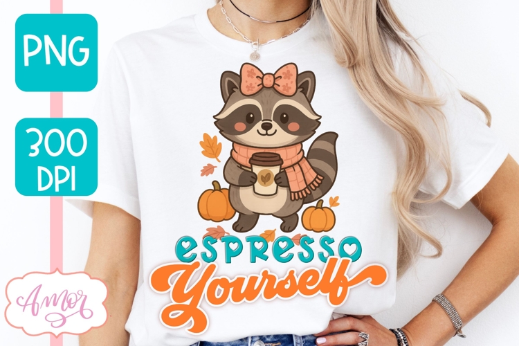 Coffee lover PNG, Cute Fall Racoon sublimation design