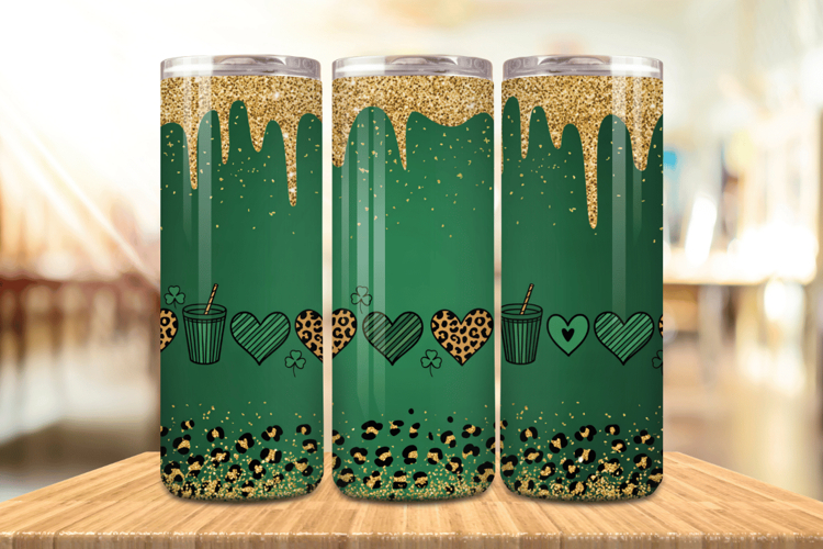 Green and Gold Drip Glitter Tumbler Wrap PNG Sublimation Des