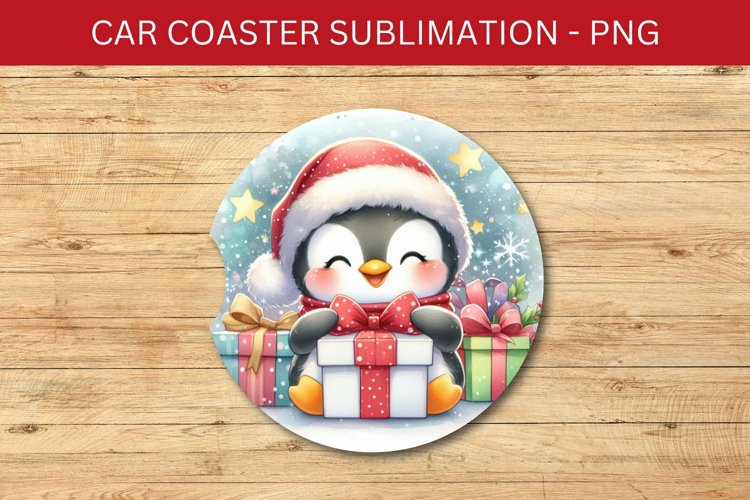 rounded car coaster - penguin and wrapped gift