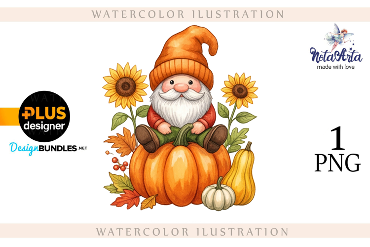 Gnomes with Pumpkin Harvest in Watercolor Style