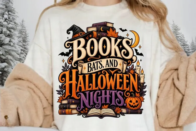 Books, Bats & Halloween Nights PNG, Halloween Book Lover