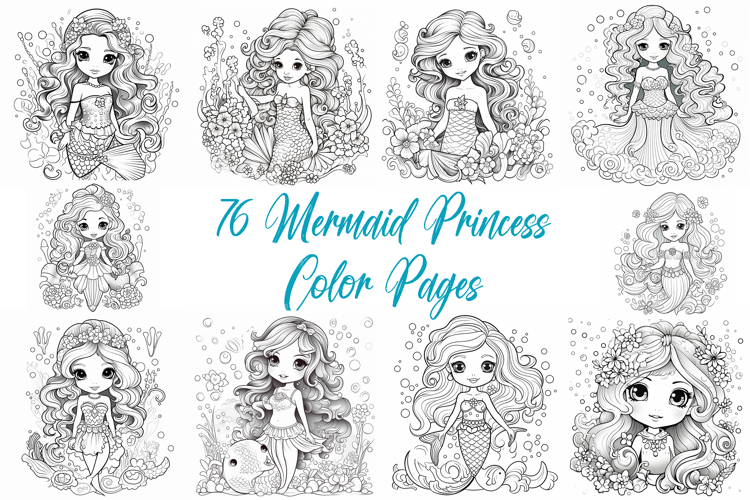 76 Mermaid Princess Girl Clipart Color Book Illustration