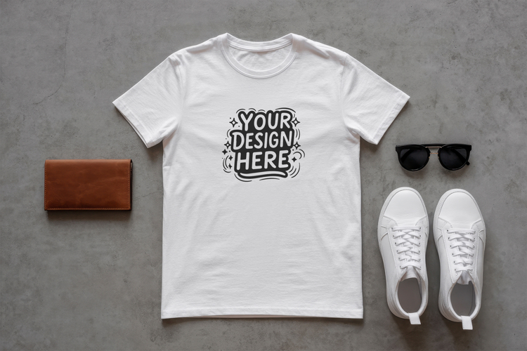 Wooden Desk Flatlay T-Shirt Mockup PSD JPG