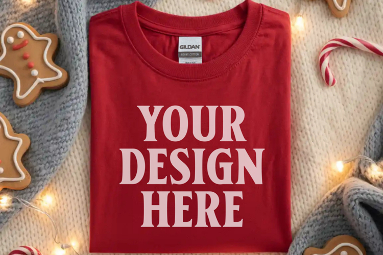 Gildan 64000 Red Folded Christmas Flat Lay T-shirt
