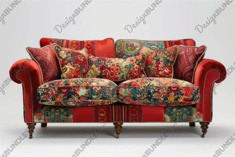 Red sofa with floral pattern standing on white background