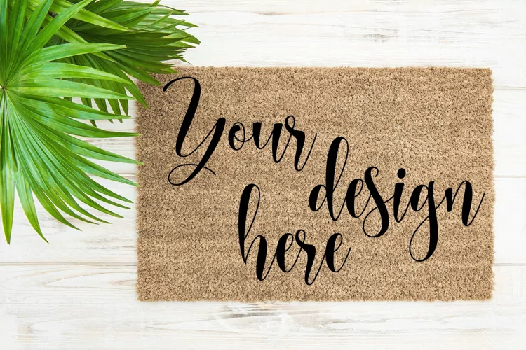 Coir doormat mock up palm leaves. Floral template mockup