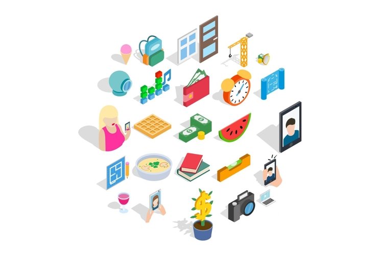 Characteristic icons set, isometric style
