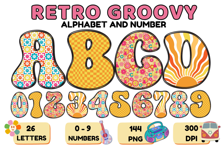 Retro Groovy Alphabert PNG 70s Numbers & Letters 300 DPI