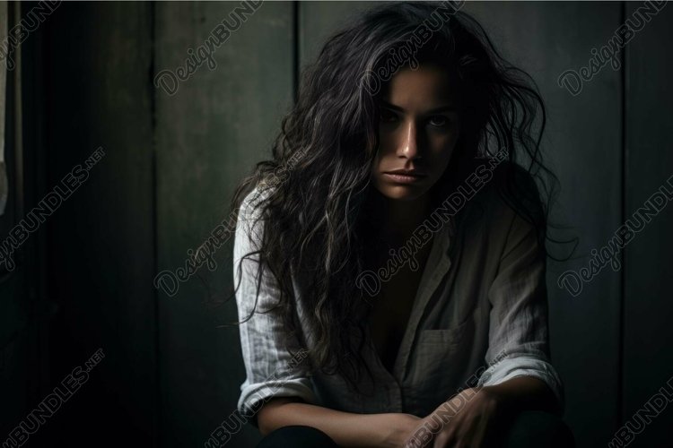 Moody portrait of a woman with a penetrating gaze in a dimly example image 1