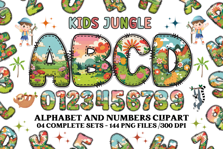 Kids Jungle Alphabet clipart, kids jungle letters doodle
