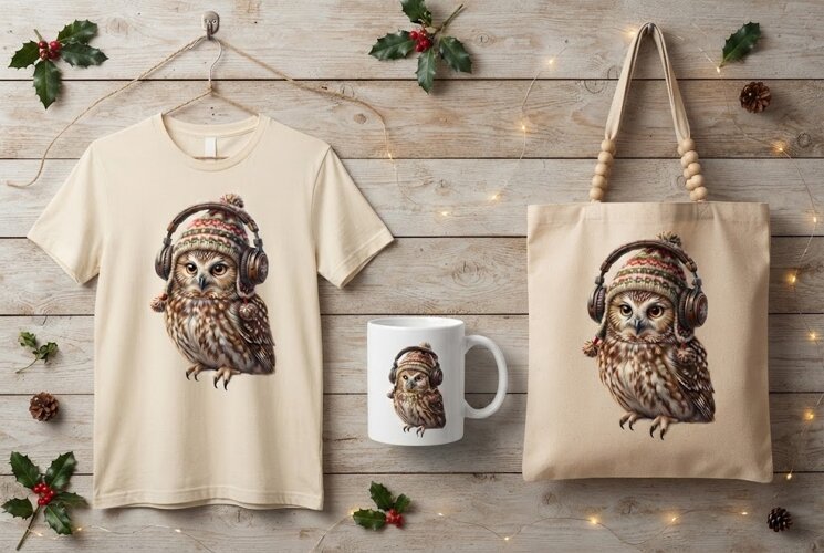Christmas Owl with Headphones Art example image 1