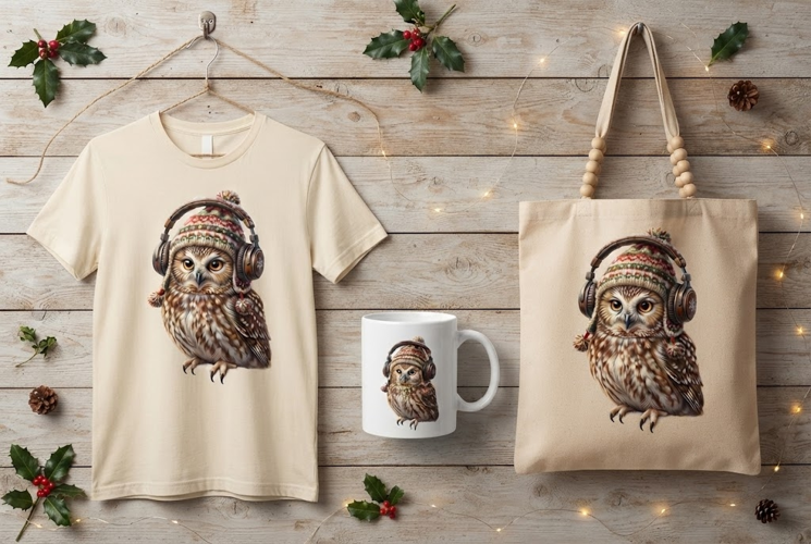 Christmas Owl with Headphones Art