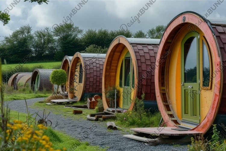Quaint pod cabins in lush green field