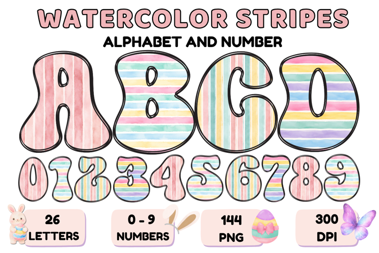 Watercolor Stripes Doodle Alphabet PNG Retro Letters 300 DPI