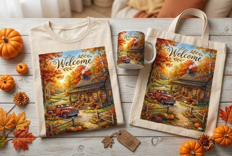 Welcome Fall Cabin PNG | Rustic Autumn Farmhouse Sublimation