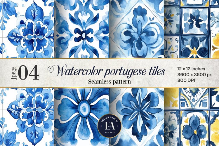 Portuguese Watercolor Tile Pattern, Blue and white tiles example image 1