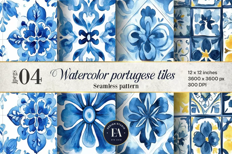 Portuguese Watercolor Tile Pattern, Blue and white tiles