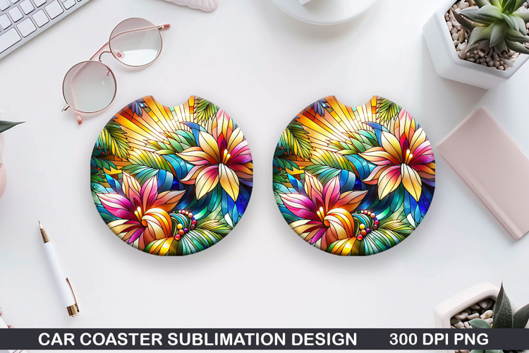 Flower Car Coaster Sublimation| Summer Coaster PNG Design