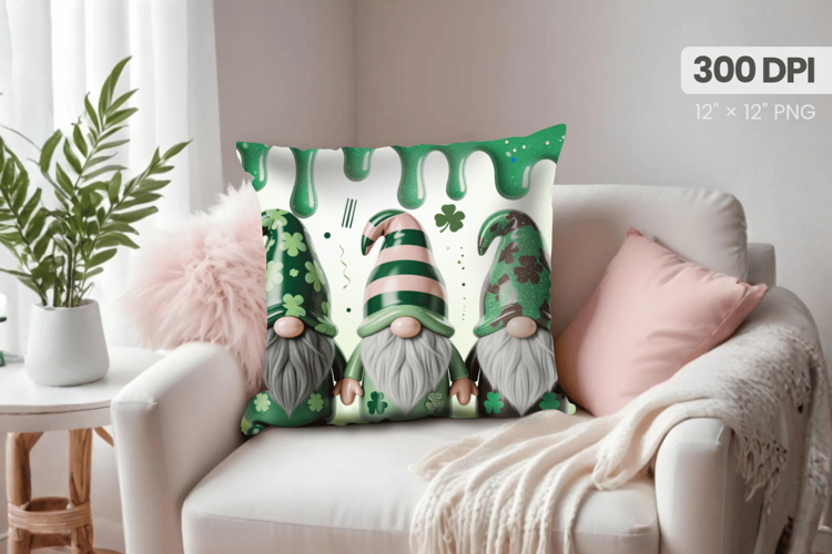 Cute St Patrick’s Day Gnomes with Shamrocks Pillow PNG Subli