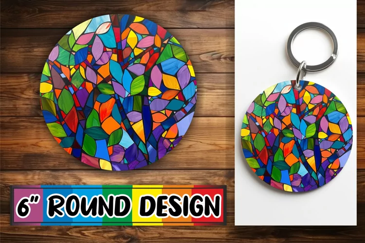 Stained Glass Tree Keychain Round Design Colorful