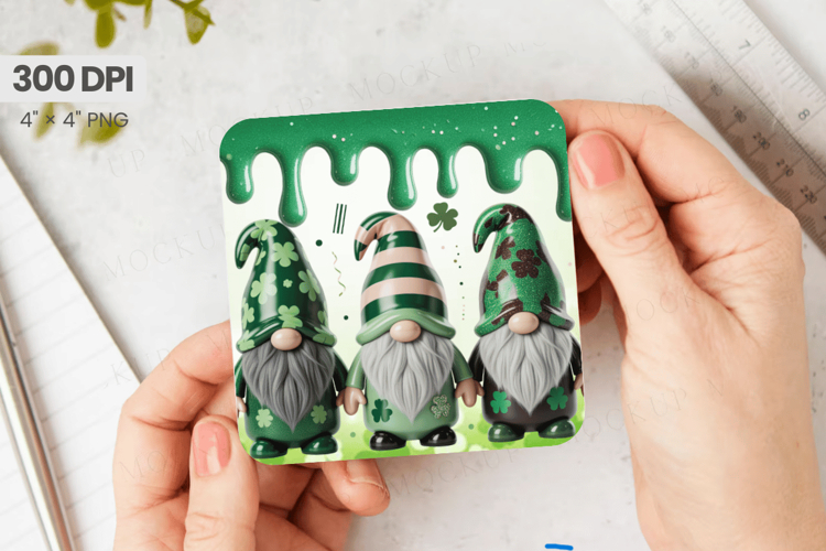 Cute St Patrick’s Day Gnomes with Shamrocks Square Coaster P