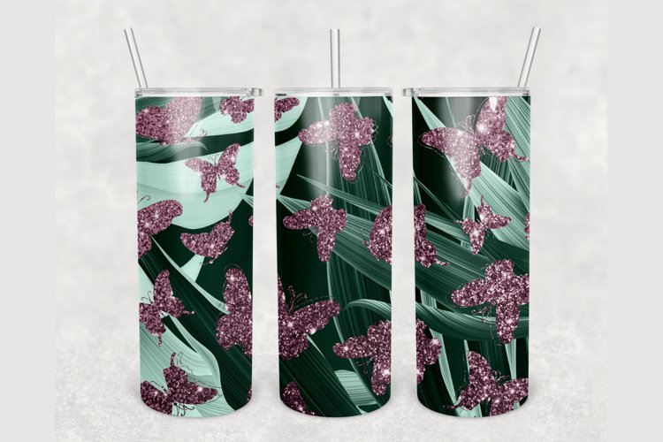 Tropical Purple glitter butterflies 20oz tumbler sublimation