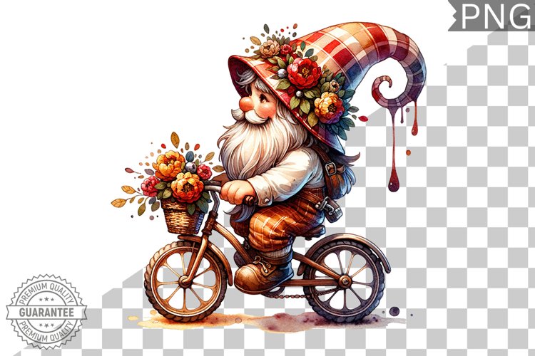 Floral Crown Gnome Rides A Bike Sublimation Clipart Design