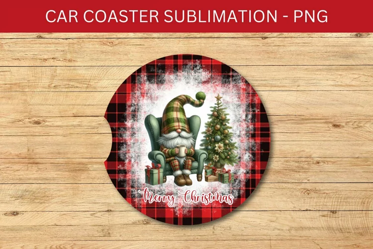 rounded car coaster - plaid gnome