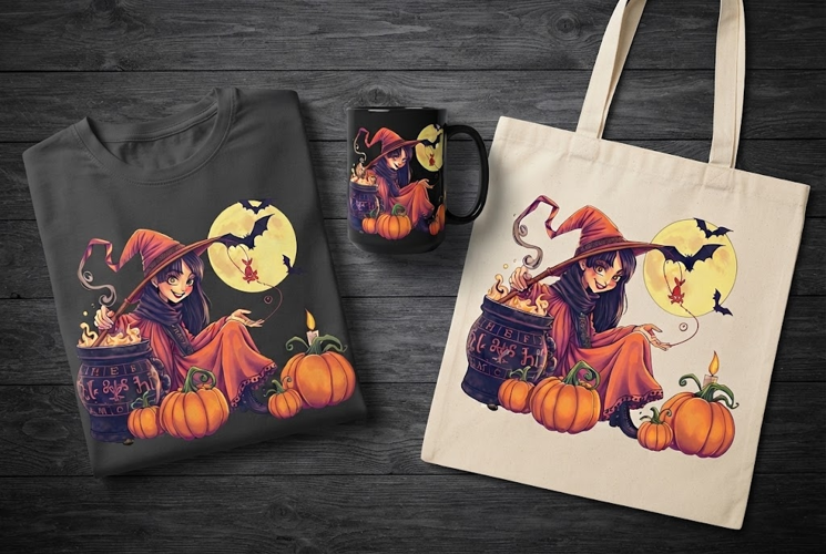 Cute Witch Cauldron Halloween Design with Pumpkins