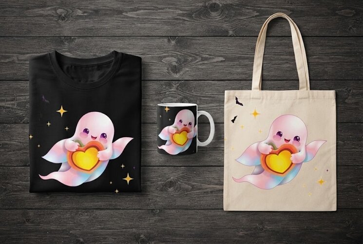 Cute Ghost Holding Heart Pumpkin PNG | Halloween Clipart example image 1