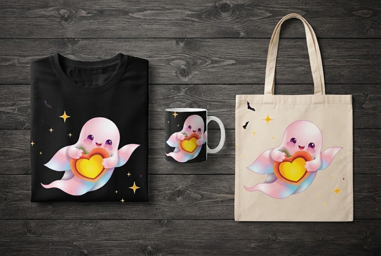 Cute Ghost Holding Heart Pumpkin PNG | Halloween Clipart