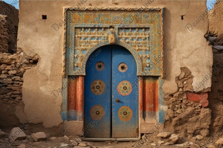 Traditional moroccan door in adobe wall