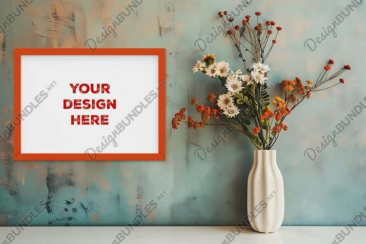 Frame mockup on grunge industrial wall with vase and flowers example image 1